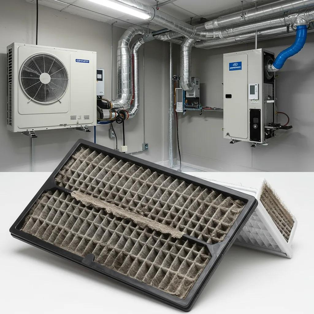 Clean and dirty air filters illustrating HVAC maintenance benefits for energy efficiency