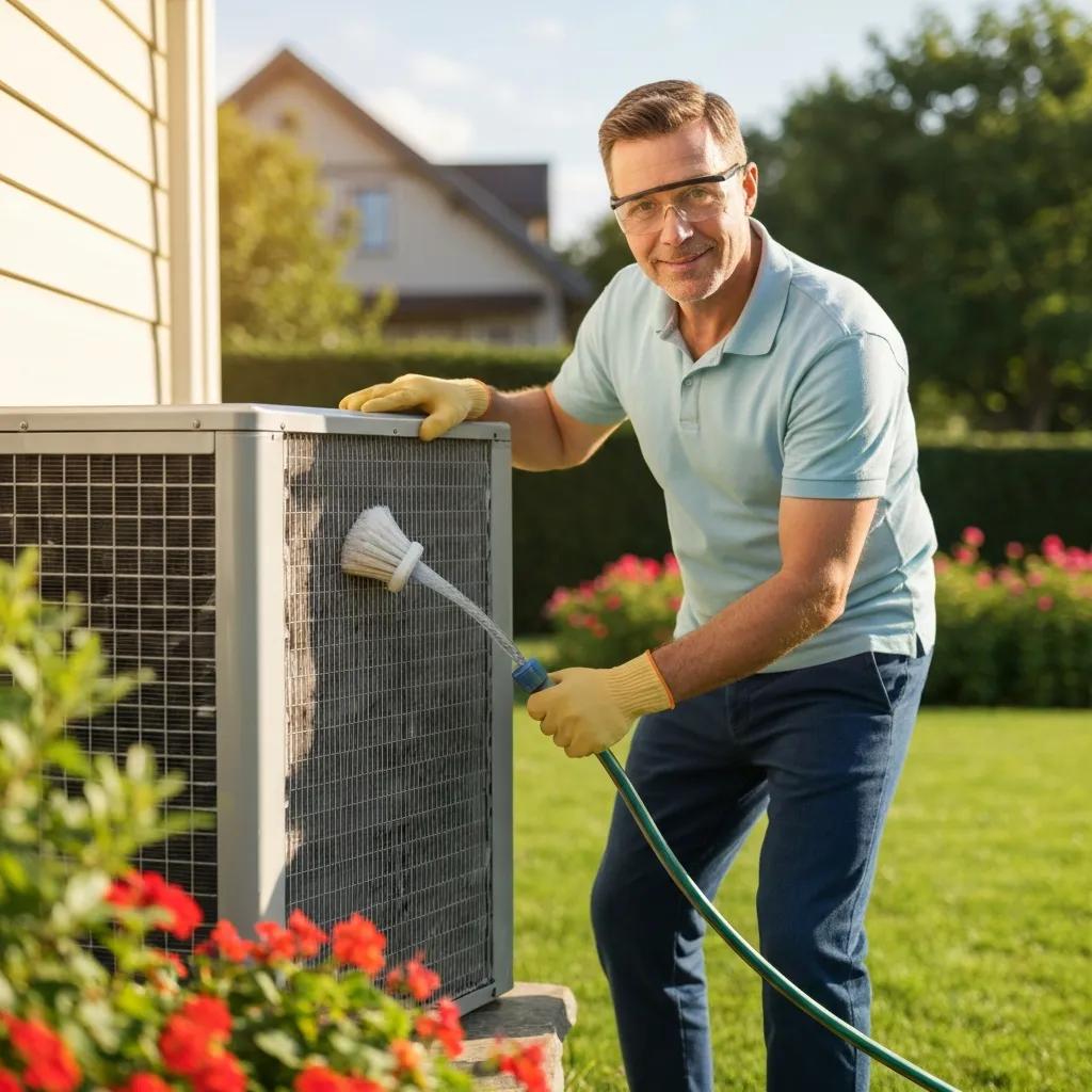 Homeowner cleaning an outdoor AC unit — example of simple, safe DIY HVAC maintenance