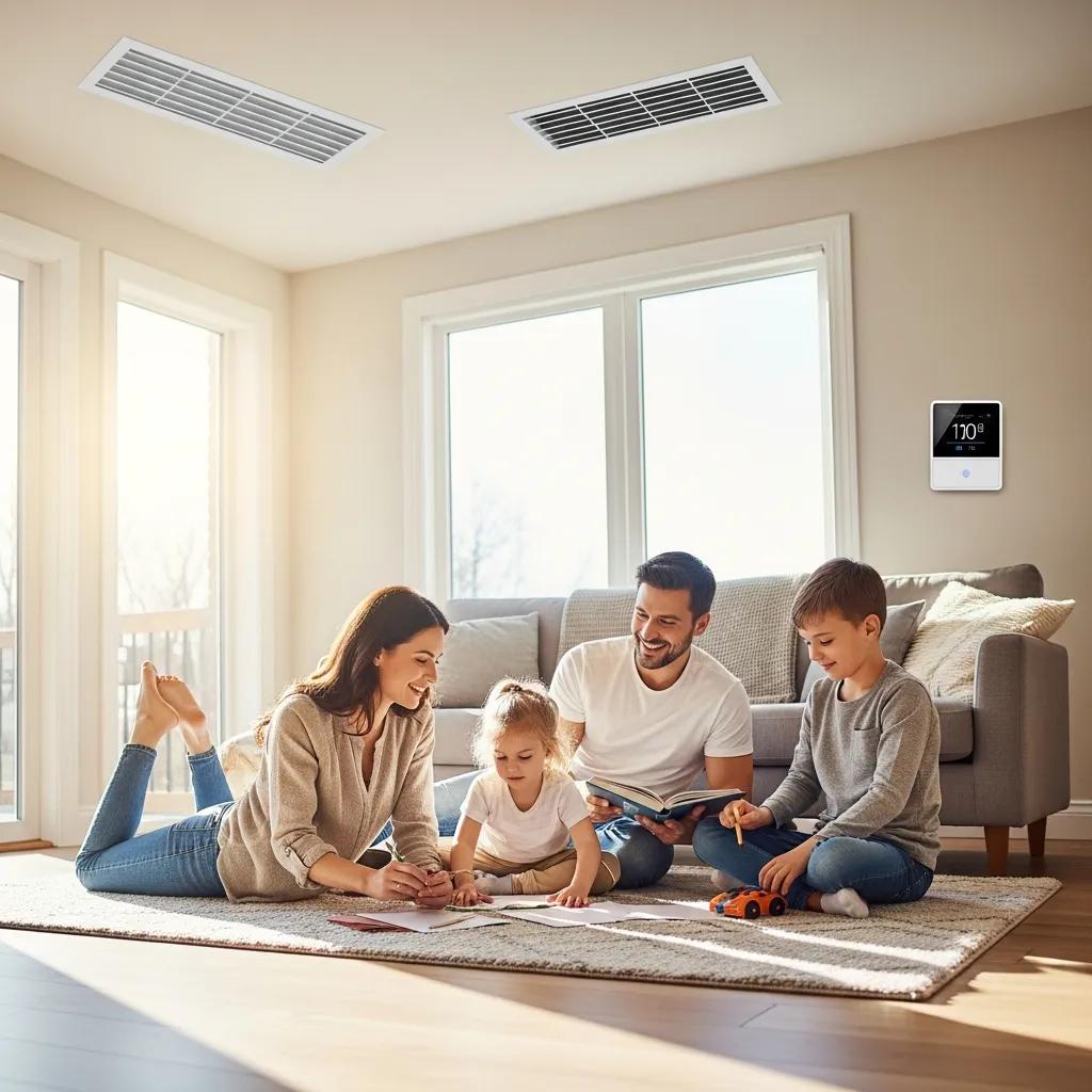 Family enjoying a comfortable indoor environment during spring with visible HVAC vents