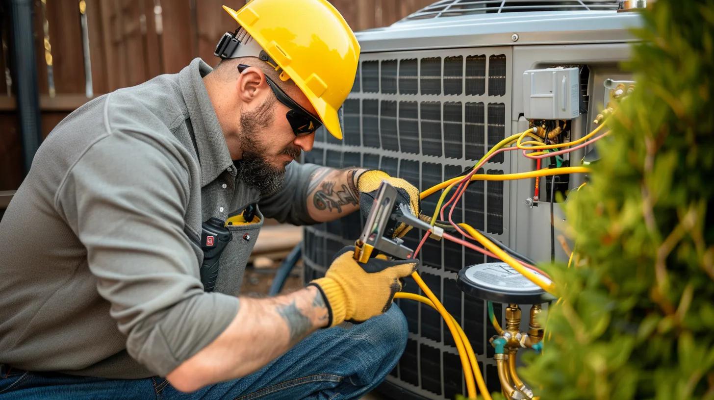 HVAC technician diagnosing air conditioning unit for water leak repair