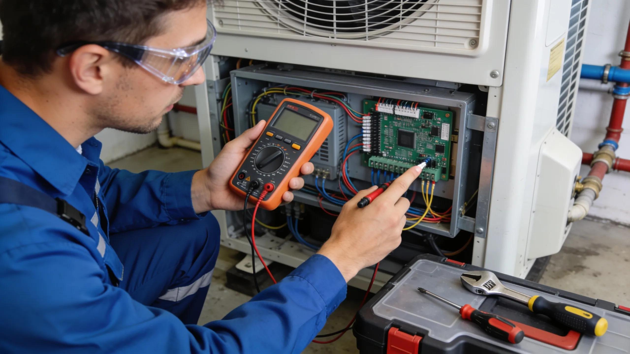 Homeowner troubleshooting HVAC system, visually illustrating step-by-step diagnostic procedures